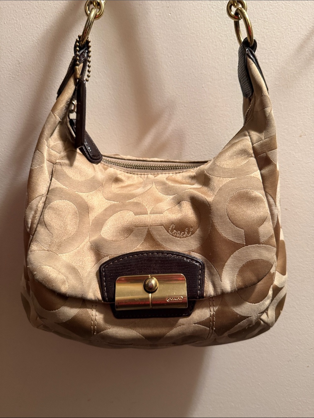 Coach Kristin Tan Signature Jacquard Shoulder Bag with Dark Brown Trim EUC